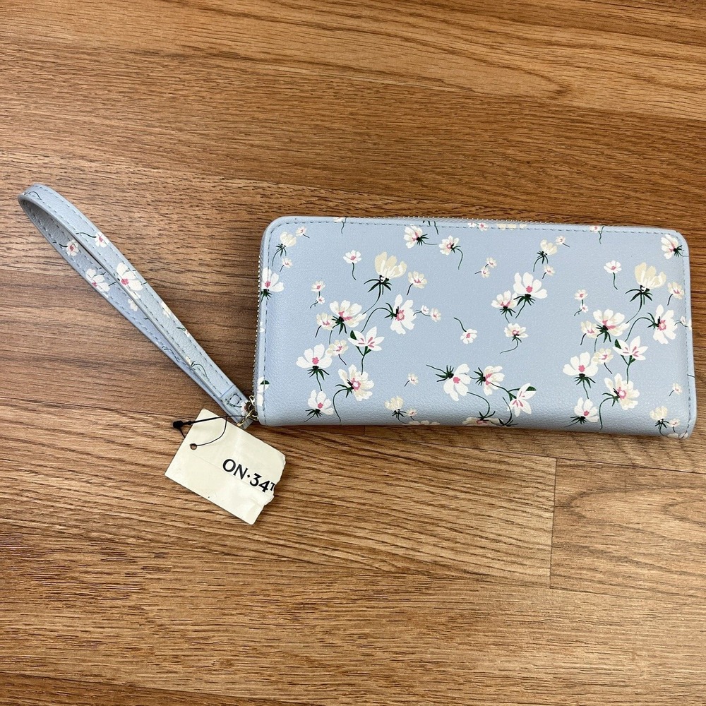 On 34th Angii Wristlet‎ Wallet Light Blue Floral Zip Around Fits iPhone 14 Max